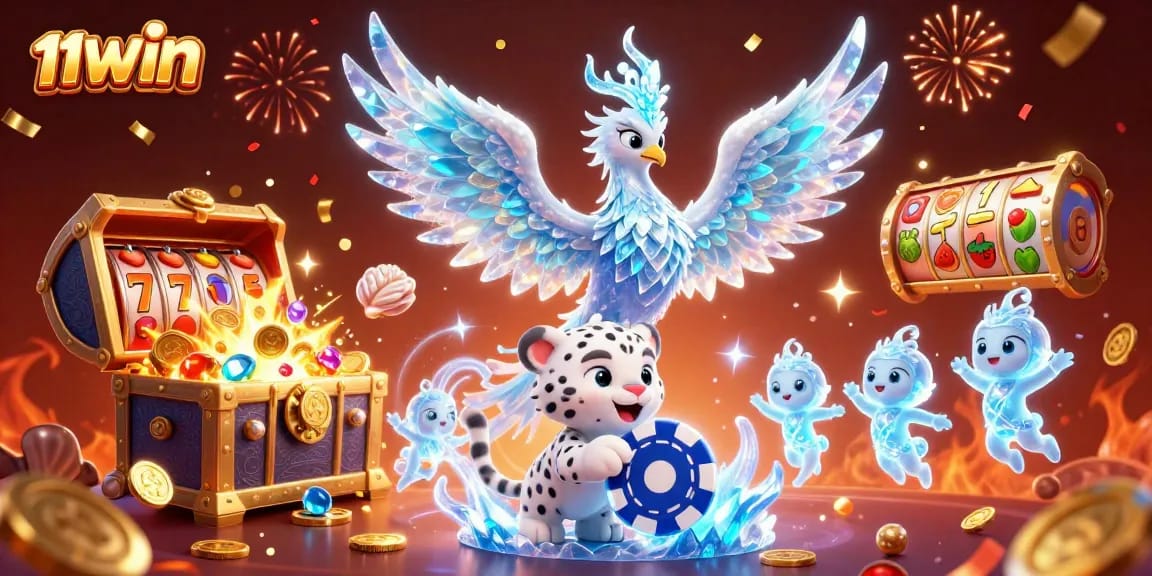 Experience the thrill of 11WIN with vibrant gaming elements and dynamic characters in an exciting casino scene.