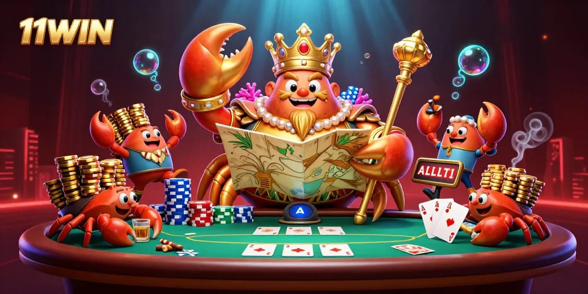 11WIN showcases a colorful poker scene with a golden crab emperor in an ocean treasure theme.
