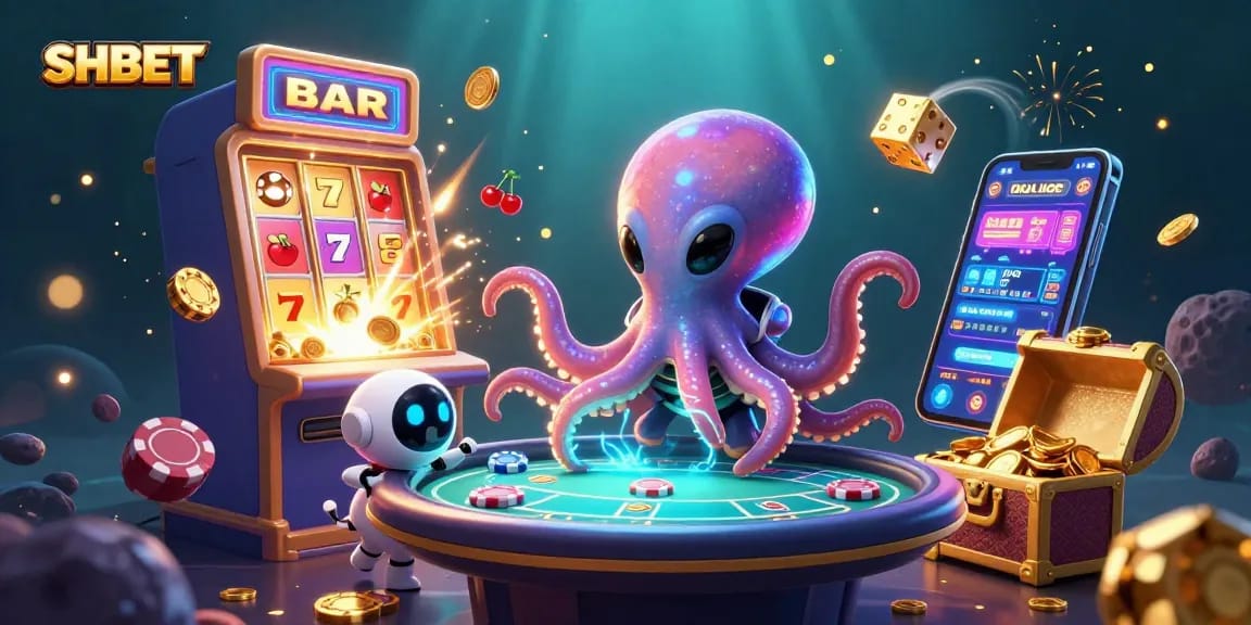 SHBET showcases an alien octopus at a holographic poker table amidst vibrant casino elements.