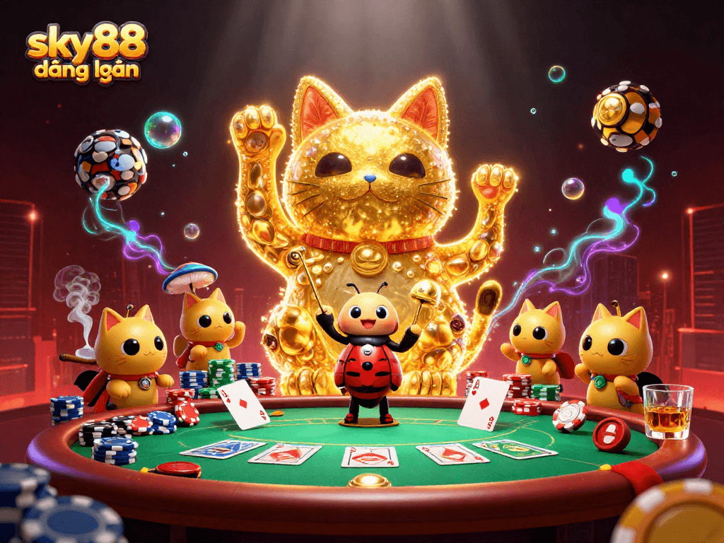 Experience exciting gameplay at sky88 đăng nhập with a dynamic scene featuring a lucky cat and poker elements.