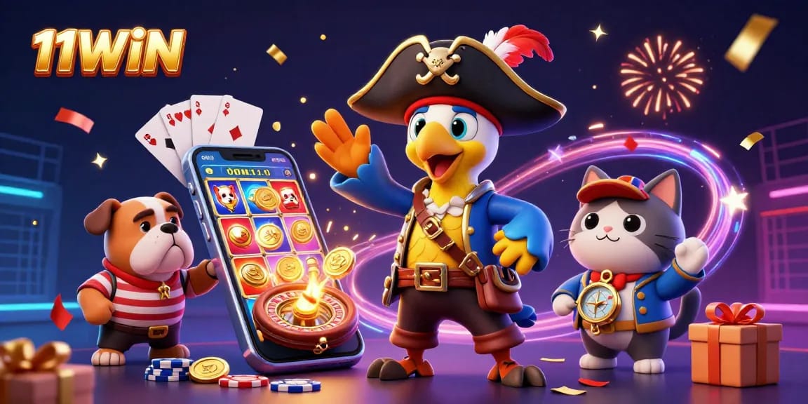 Join the adventure at 11WIN with a pirate captain, bulldog, and navigator enjoying a vibrant casino scene.
