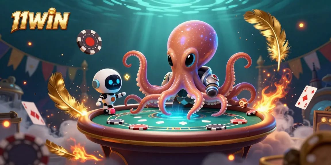 Engage with 11WIN’s vibrant 3D poker scene showcasing a quirky alien octopus and robot.