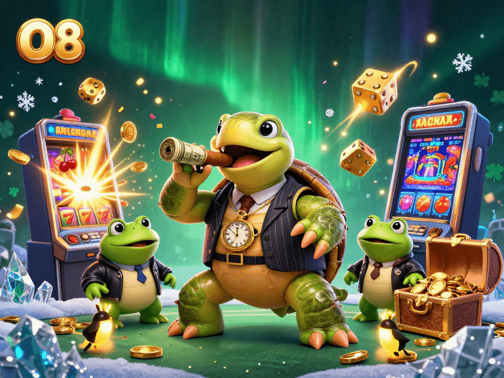 Experience the excitement at O8 with a playful casino-themed arcade featuring vibrant characters and jackpot elements.