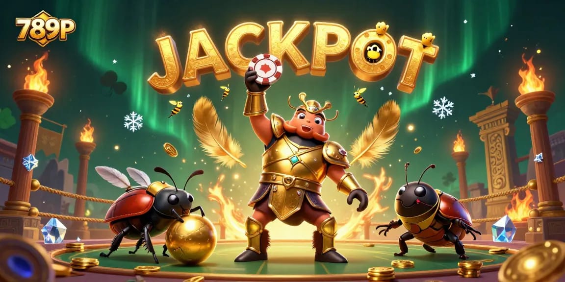 Engage in thrilling gambling at 789P with beetles celebrating a poker win in a vibrant casino.