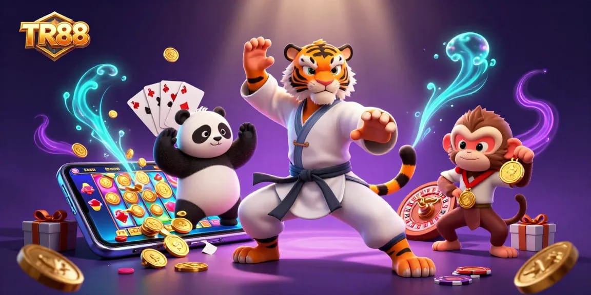 Play exciting slots at TR88 as the kung fu tiger and panda disciple strategize amidst coins and games.