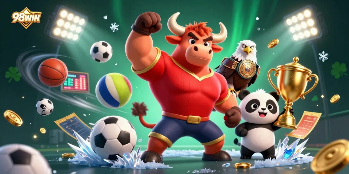 Experience thrilling games at 98WIN with a vibrant 3D illustration showcasing excitement and victory.