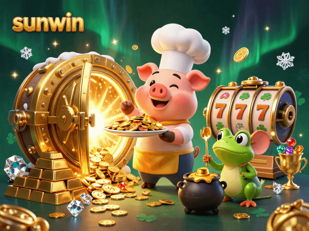 Engage in excitement with sunwin as the chef pig serves gold coins among slot reels and lucky symbols.