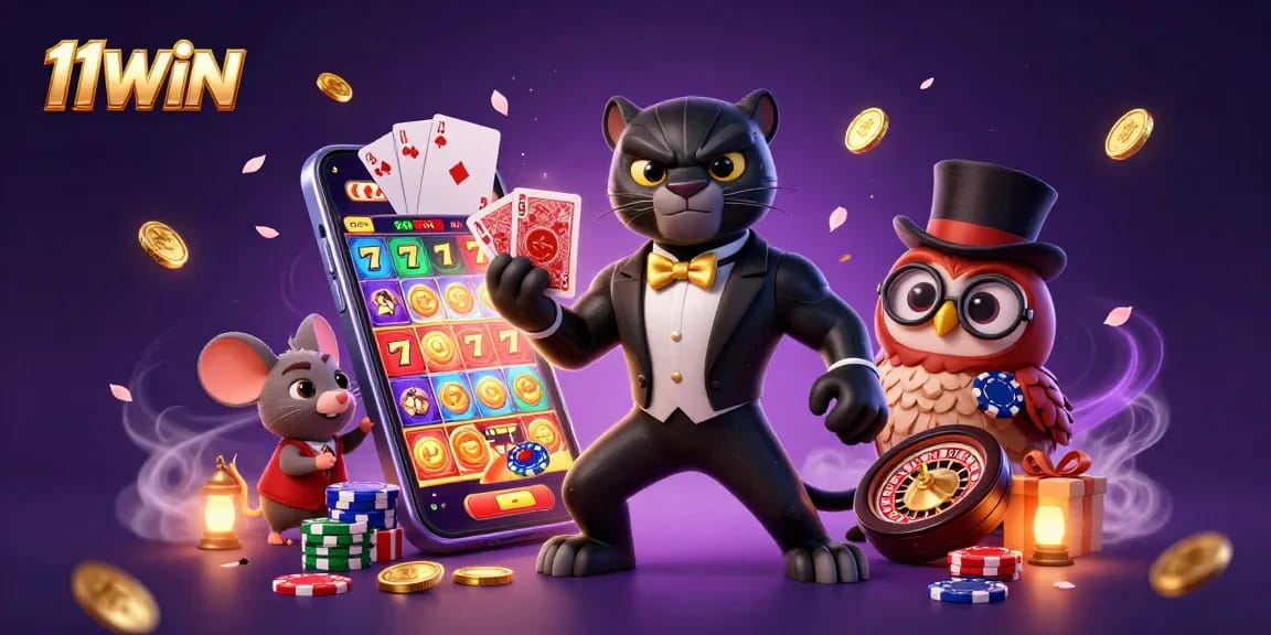 Engage with thrilling games at 11WIN, featuring a stylish panther dealer, charming owl, and lucky mouse among action-packed casino elements.