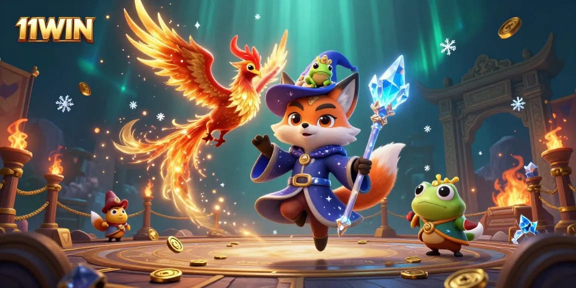 Join the adventure at 11WIN with a magical scene featuring a wizard fox, phoenix, and enchanting symbols.