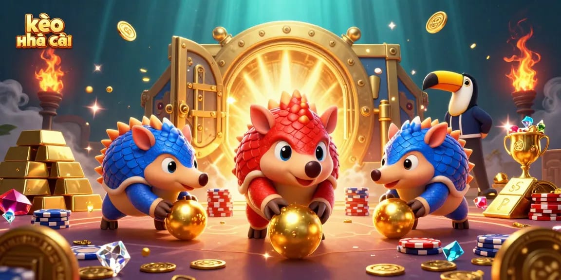 Capture the excitement of kèo nhà cái as rival pangolins compete amidst golden treasures and poker chips.