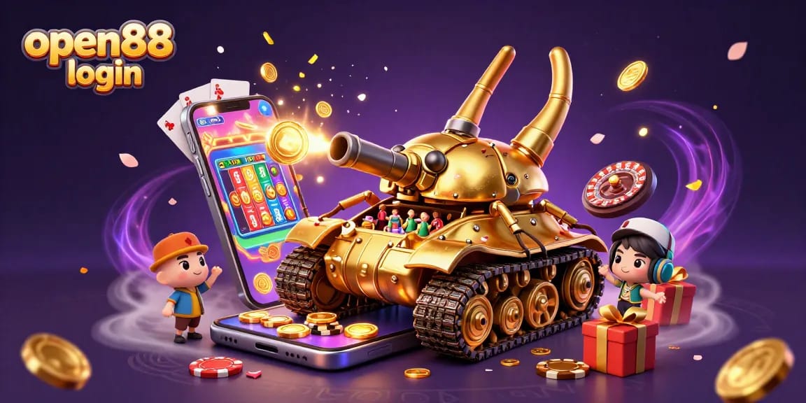 Experience the excitement of open88 login in this vibrant 3D illustration showcasing a unique casino tank.