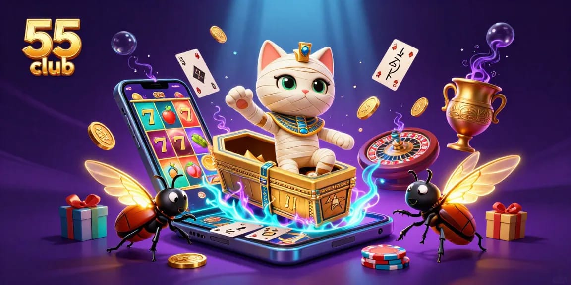 Experience the excitement of 55 club with vibrant 3D illustrations of casino gameplay elements.