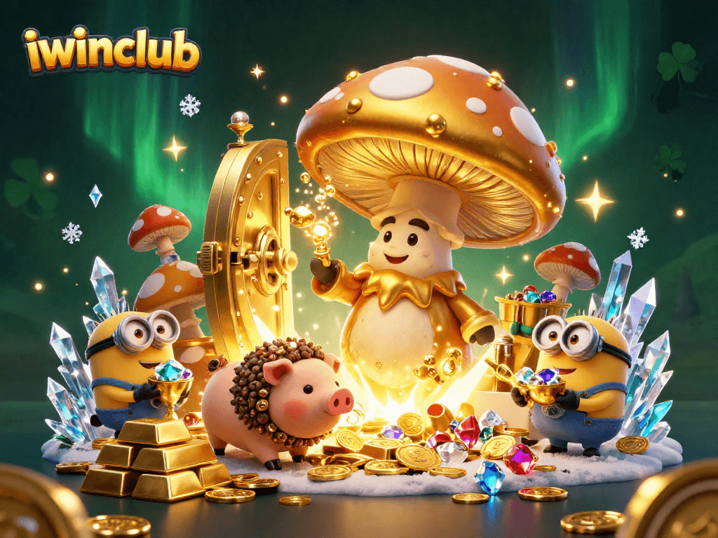 Experience the magic of iwinclub with enchanting treasures and a whimsical wizard in this 3D scene.