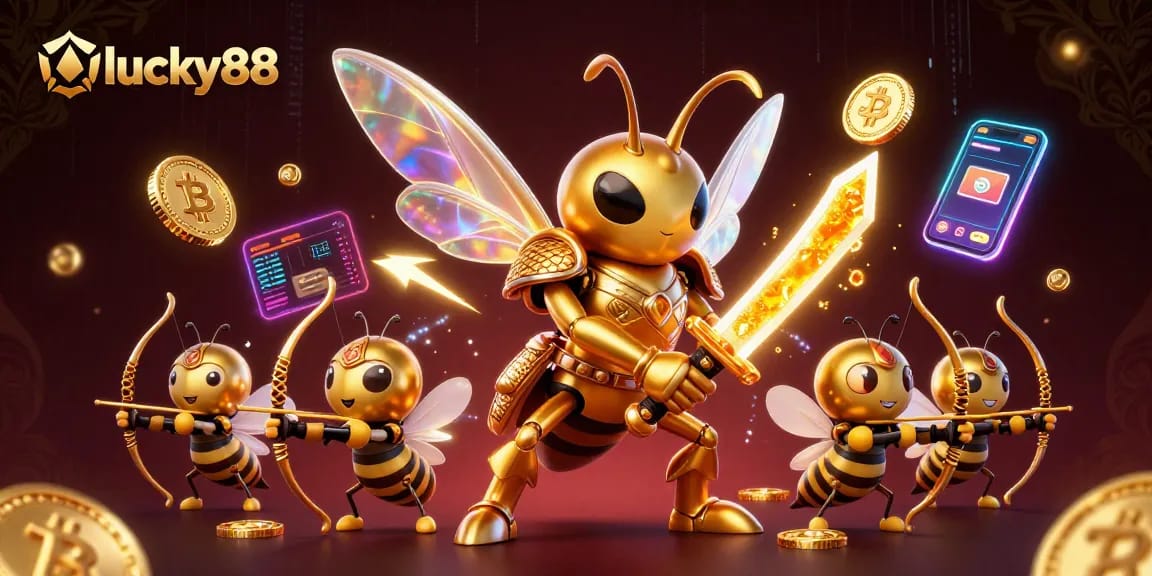 Join the action at lucky88, featuring a 3D hornet in samurai armor amidst vibrant cryptocurrency elements.
