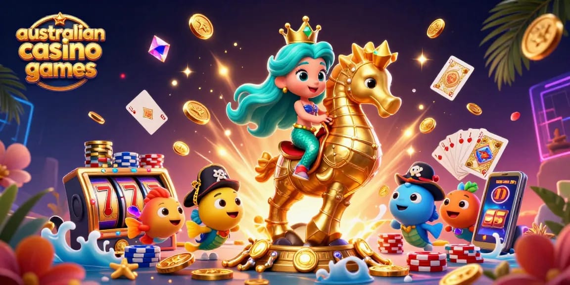 Vibrant scene showcasing australian casino games elements with mermaid riding a seahorse amidst slot reels and poker chips