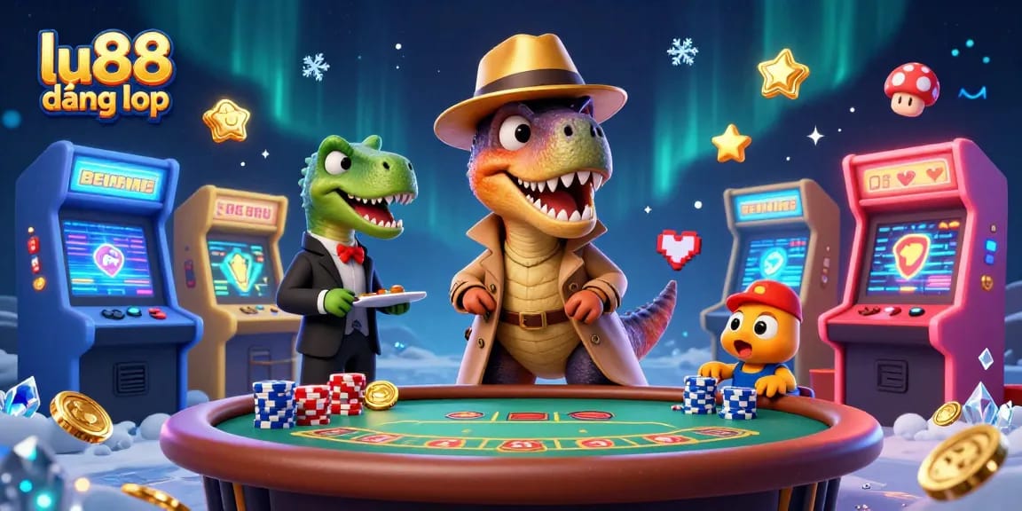 Experience the vibrant casino world with lu88 đăng nhập as a velociraptor engages at a blackjack table amid fun game elements.