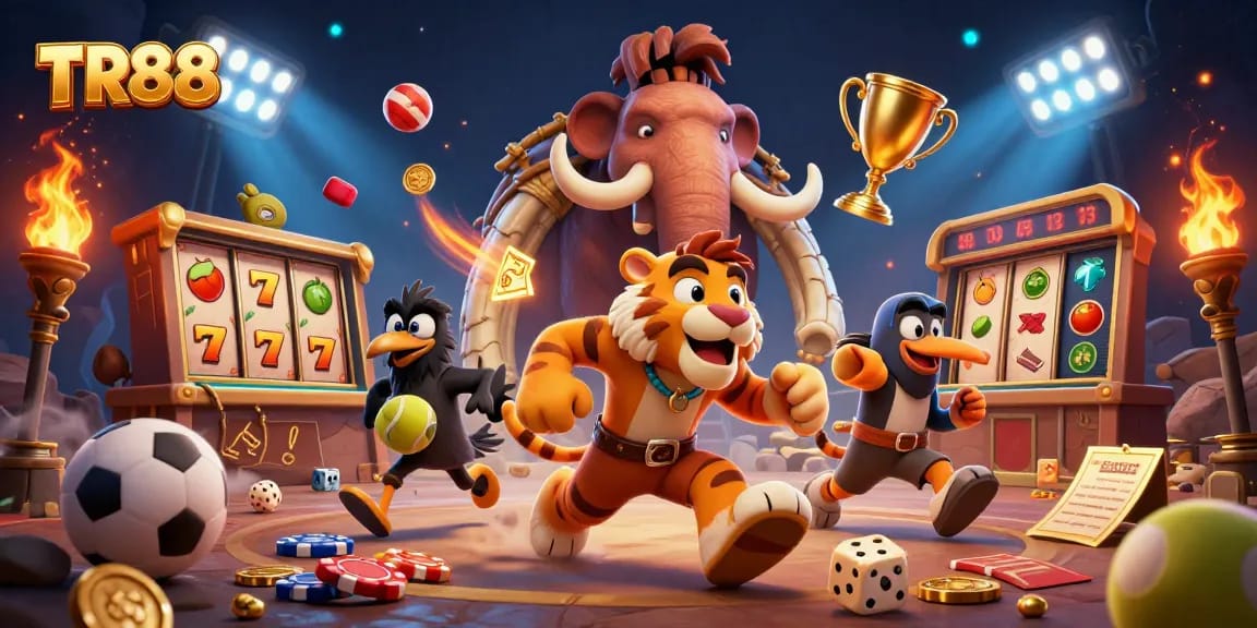 Experience thrilling slots at TR88 with a vibrant 3D casino scene brimming with action and excitement.