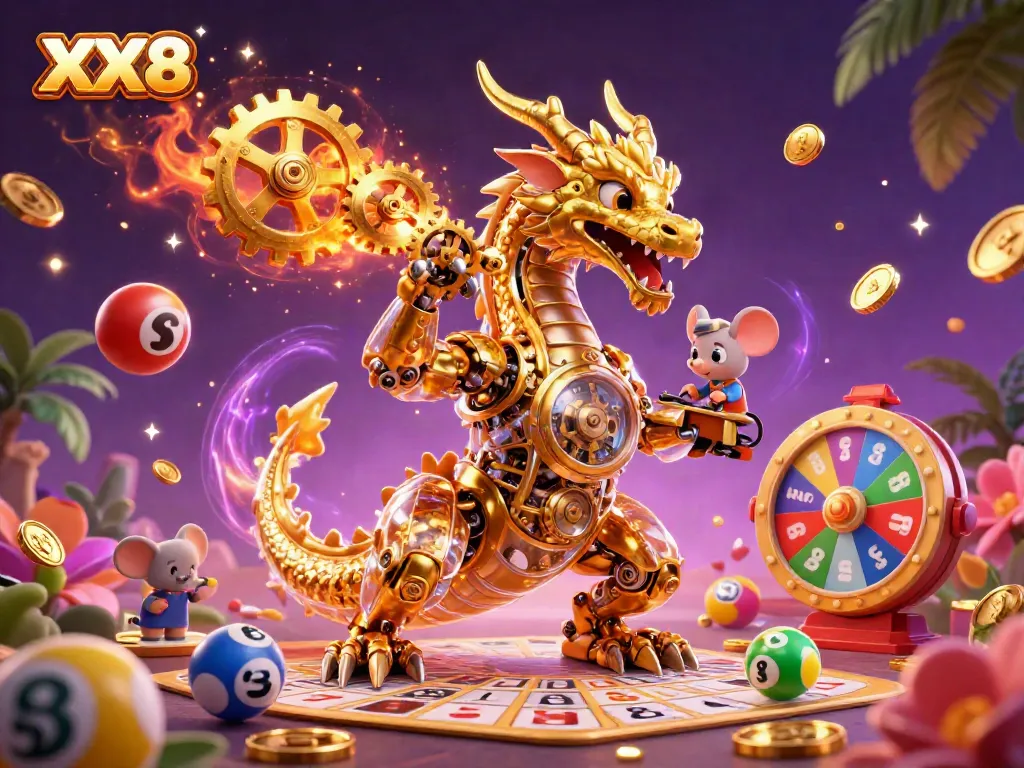 Experience exciting gaming with XX8 featuring a golden dragon, interactive lottery elements, and an energetic casino atmosphere.