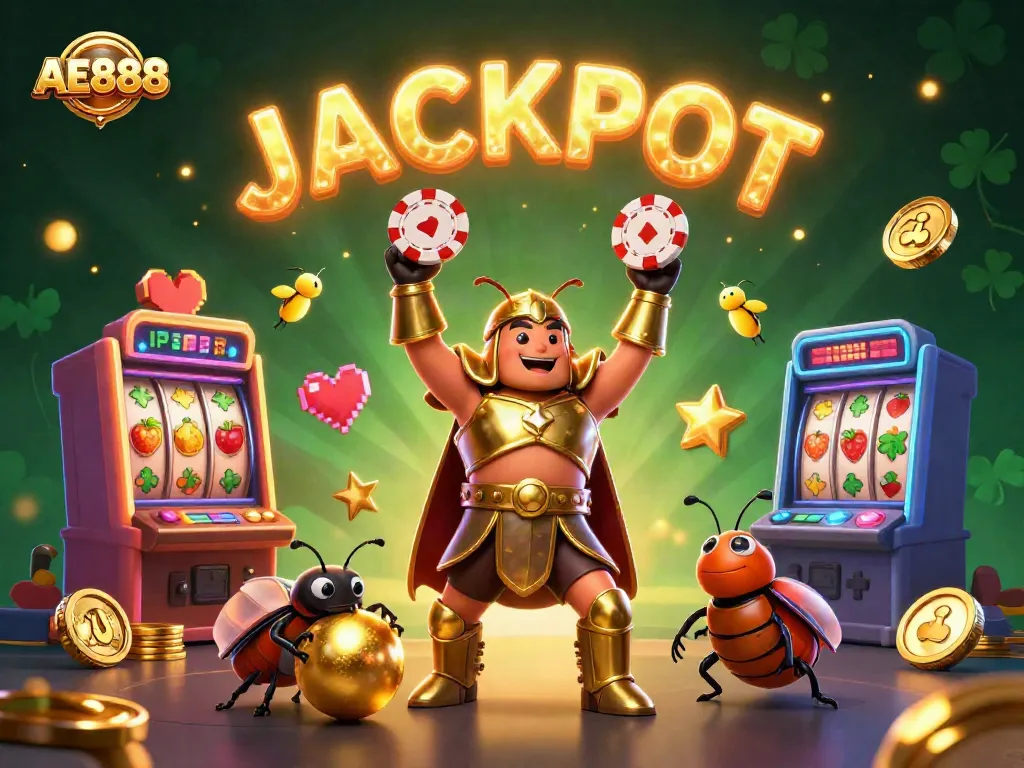 Experience high-stakes fun with AE888, where a heroic beetle celebrates a jackpot victory amidst vibrant slot machines.