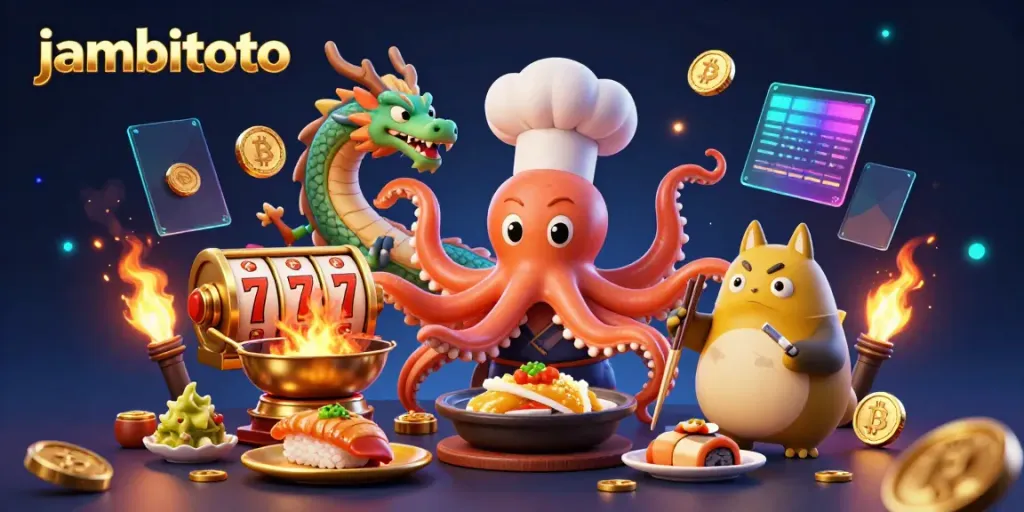Try your luck with jambitoto's vibrant gambling scene featuring an octopus chef and friends.