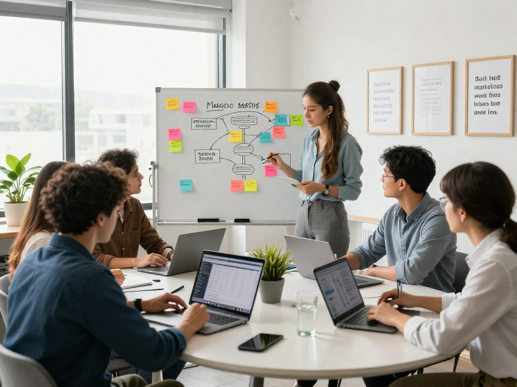 Digital marketing strategy meeting at https://88rk.org with diverse team analyzing metrics and brainstorming.