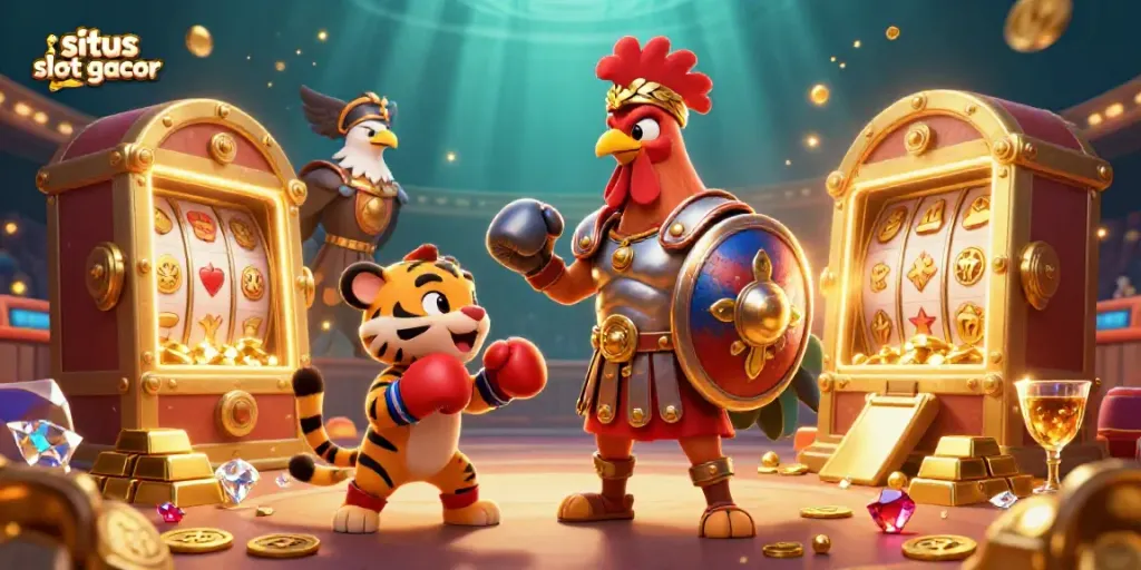 Experience the excitement of situs slot gacor with our vibrant casino illustration featuring a gladiator rooster, tiger cub, and treasures.