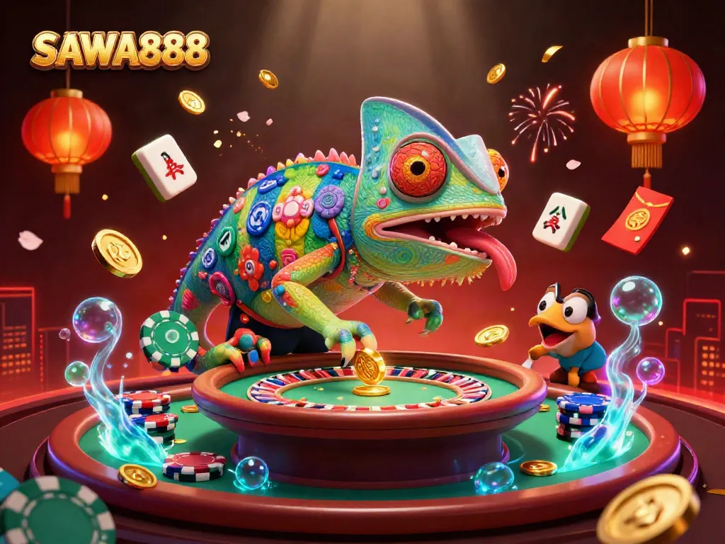 Experience SAWA888's vibrant casino world filled with animated characters and dynamic game elements.