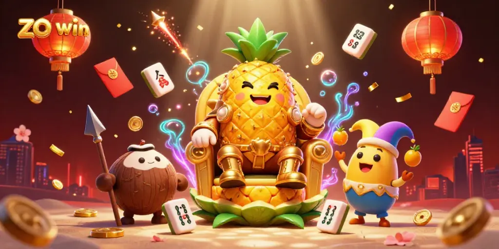 Experience the excitement with zo win in this vibrant casino scene featuring a golden pineapple king and lively characters.