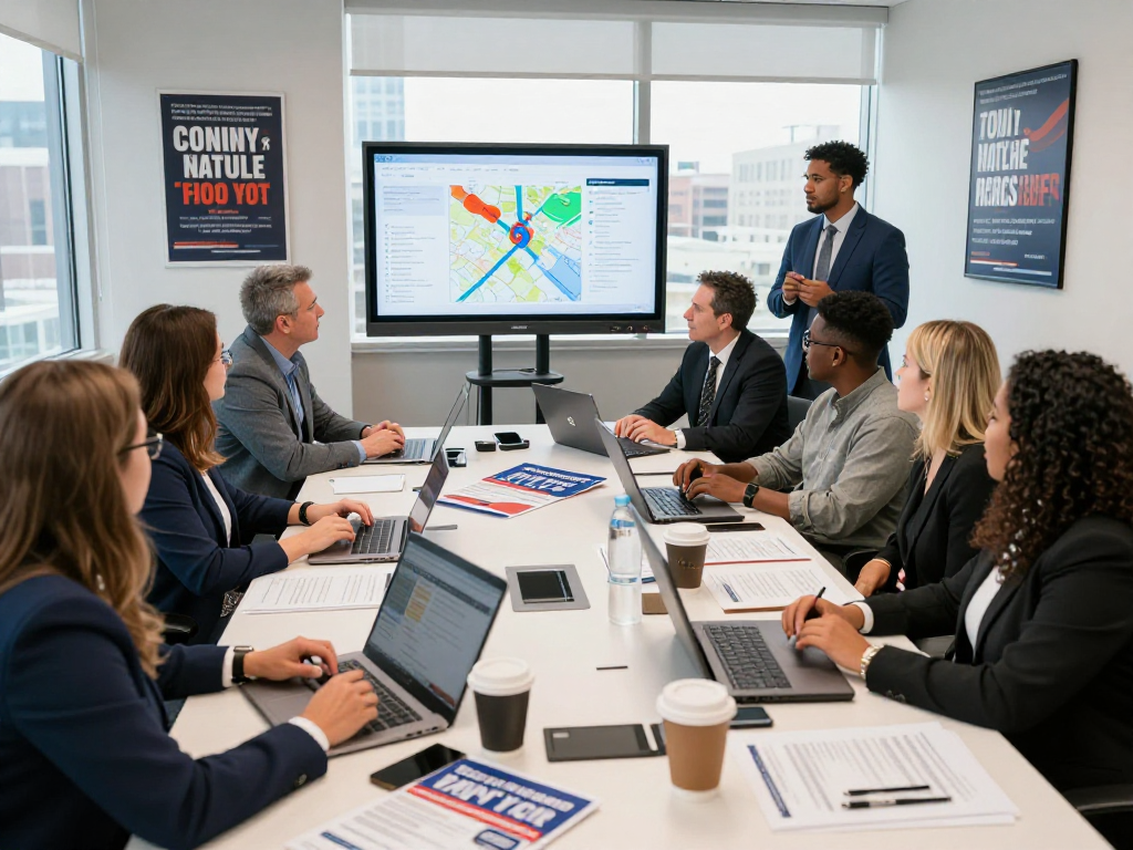County commission campaign marketing strategy meeting with teams analyzing voter data.