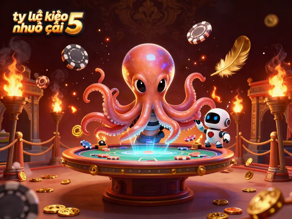 Engaging scene of tỷ lệ kèo nhà cái 5 illustrated with a space octopus and robot at a poker table.
