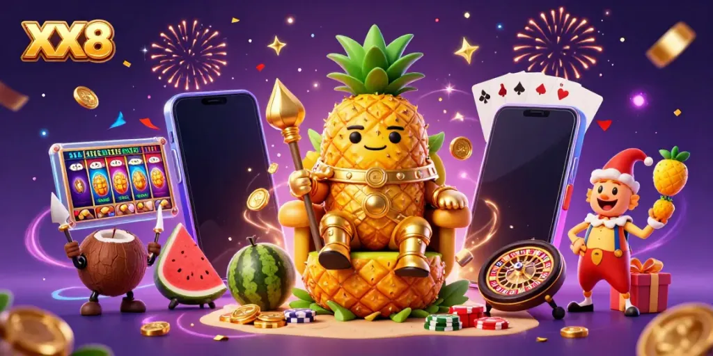 Engage in the fun of casino gaming with the playful XX8 characters and vibrant slot game scene.