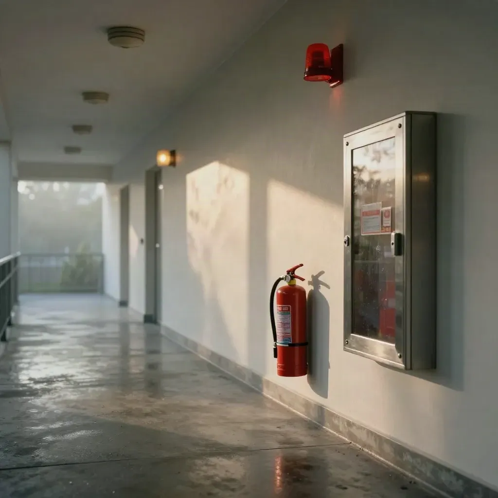 Fire-protection corridor with alarms, sprinklers, extinguisher cabinet and glowing emergency lights.