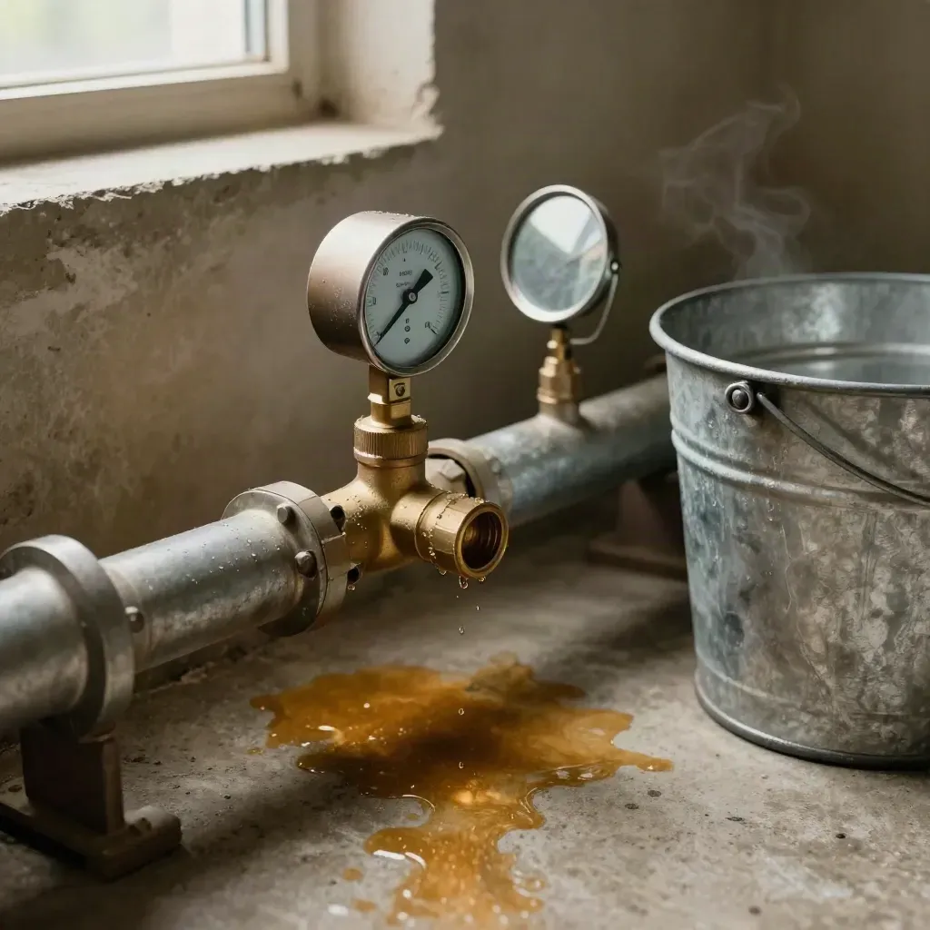 Sprinkler riser with gauge, test valve, mirror and bucket on polished concrete in amber light.