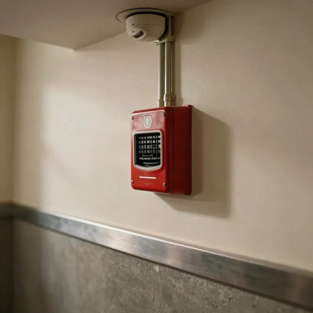 New fire alarm panel, ceiling devices, conduit, and finished cable runs in a renovated corridor.
