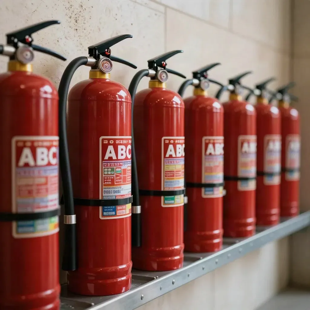 Rows of red fire extinguishers with brackets on a pale storage wall