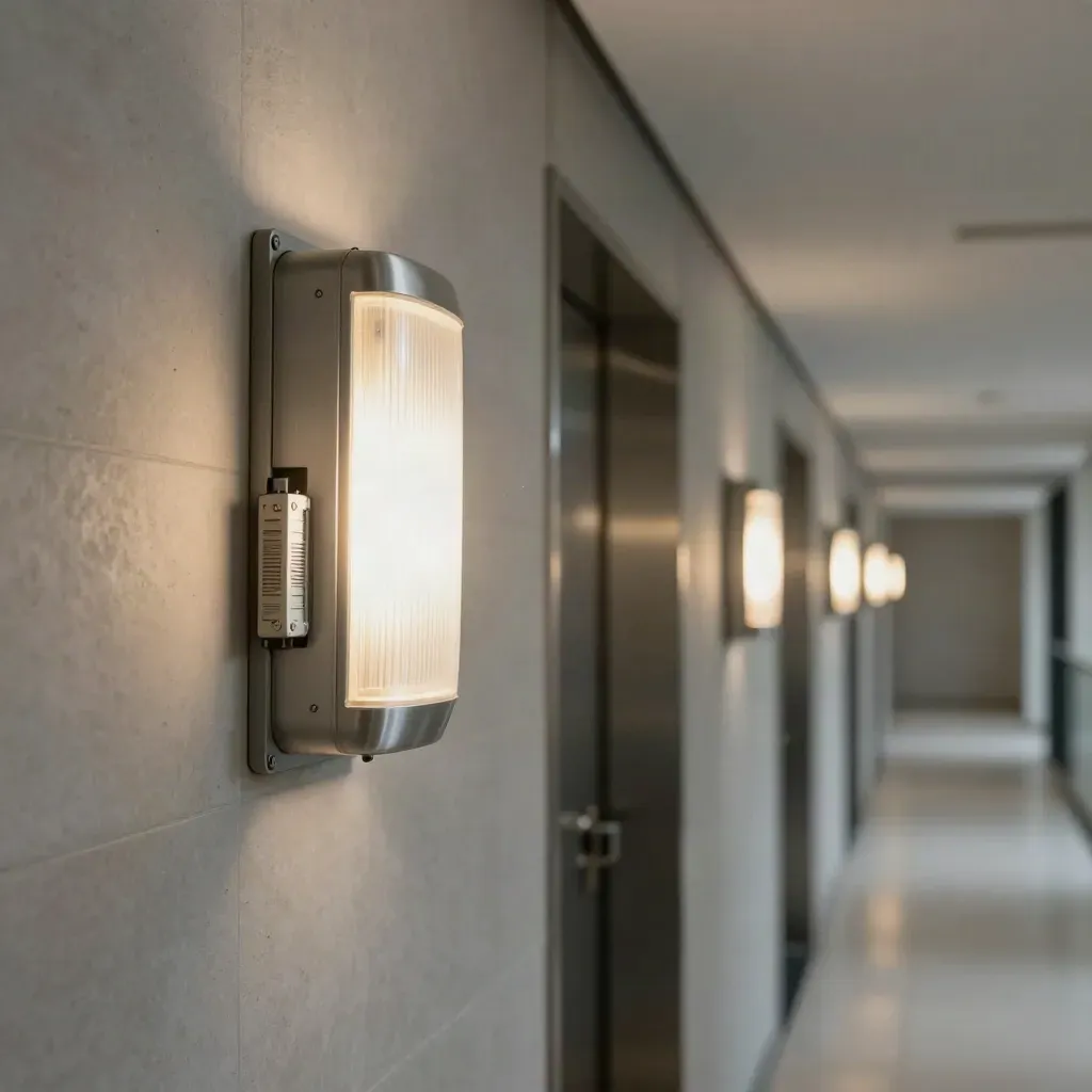 Emergency corridor lights glow in backup mode down a quiet commercial hallway.