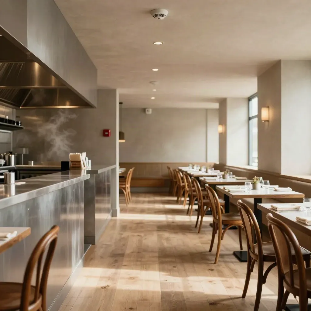 Prepped restaurant dining room with fresh fire safety upgrades and glowing emergency lights