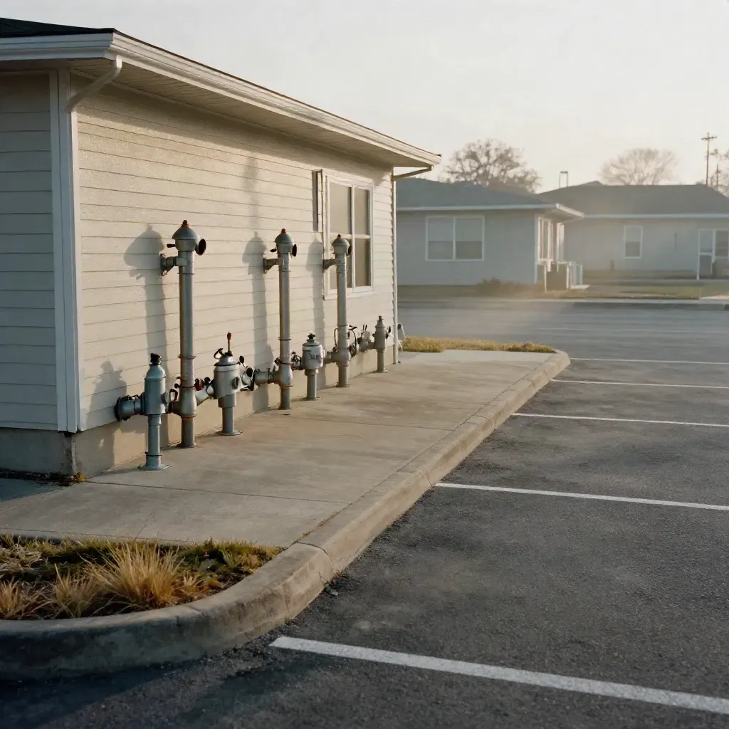 Three apartment buildings with repaired sprinkler risers and clear curb access points in morning haze.