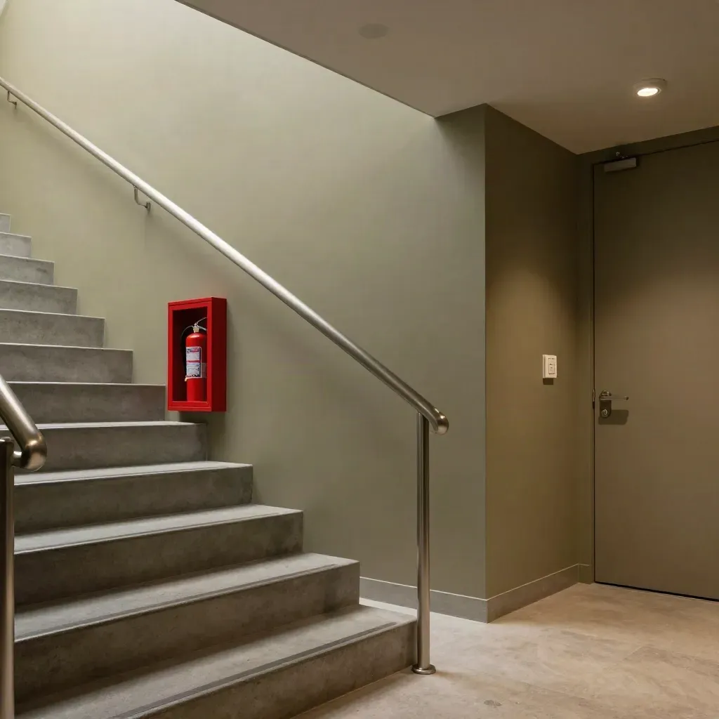 Commercial stair landing with safety hardware, sprinkler clearance and extinguisher cabinet