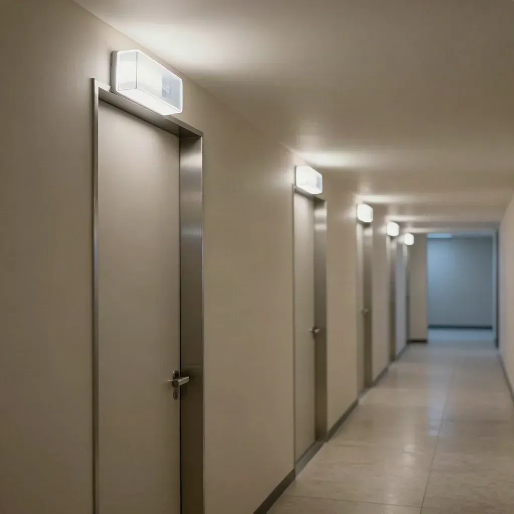 Quiet office corridor with glowing emergency lights after repair, in soft dusk-like light.