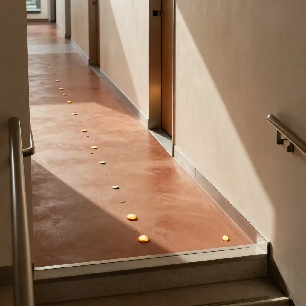 Office corridor evacuation path with amber guidance points leading to a bright exit.