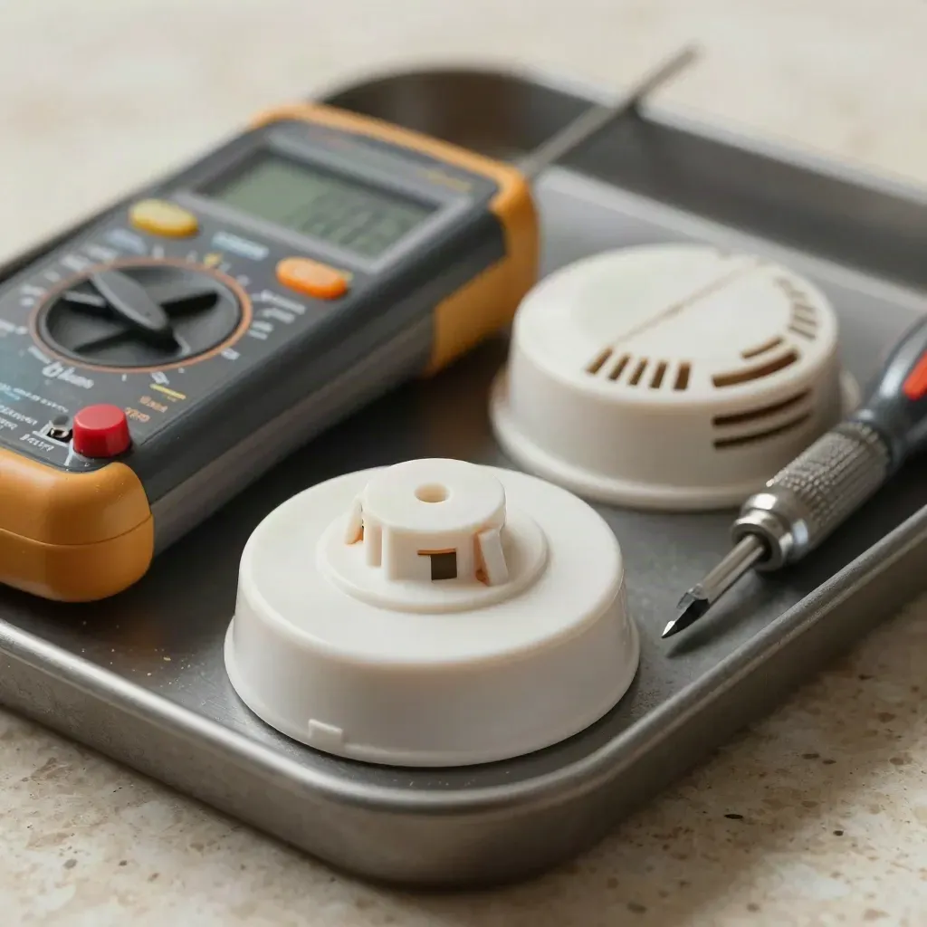 Macro still life of fire alarm tester tools on a worn service tray with a multimeter and detector base.