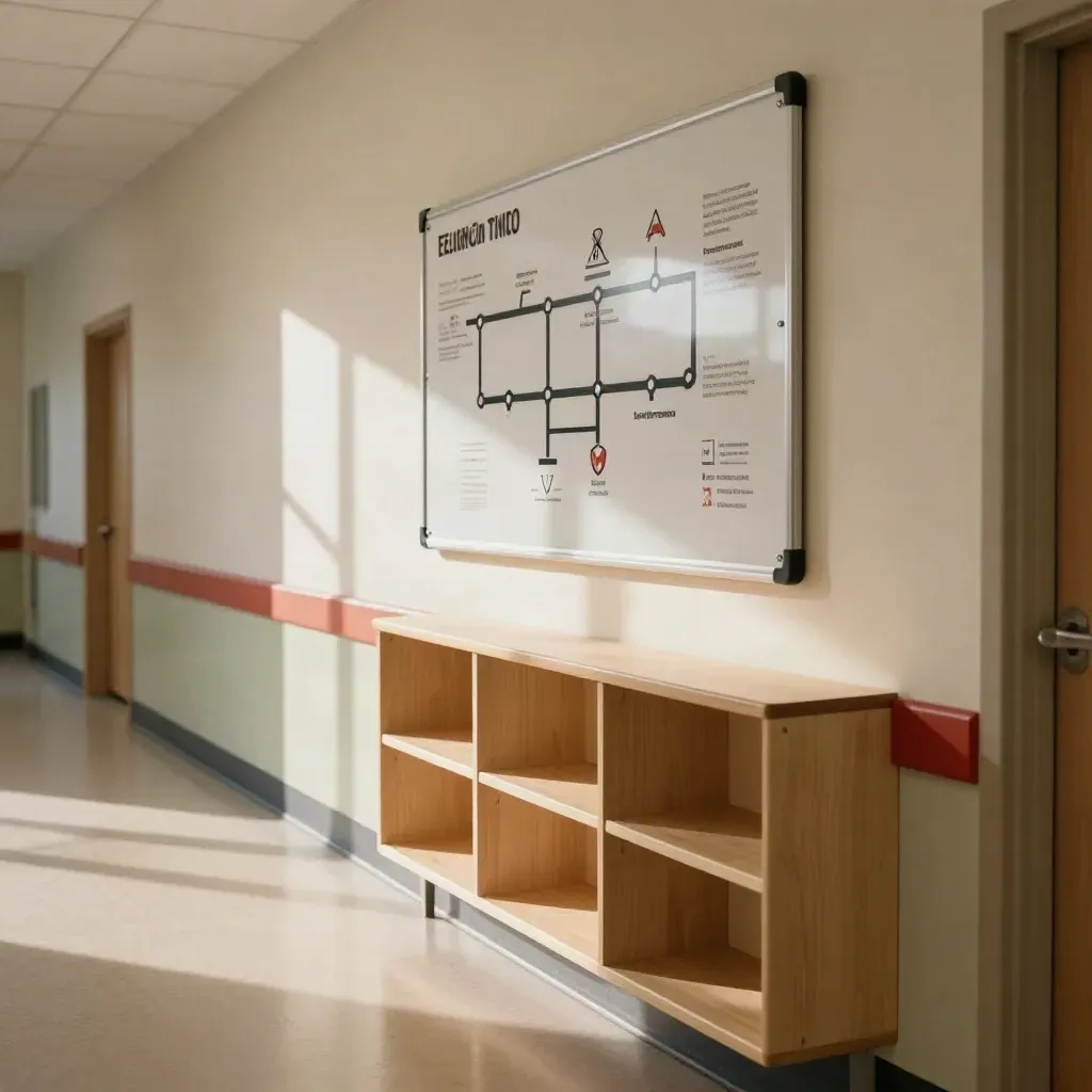Quiet daycare hallway with a mounted evacuation map, cubbies, and soft red wayfinding accents.