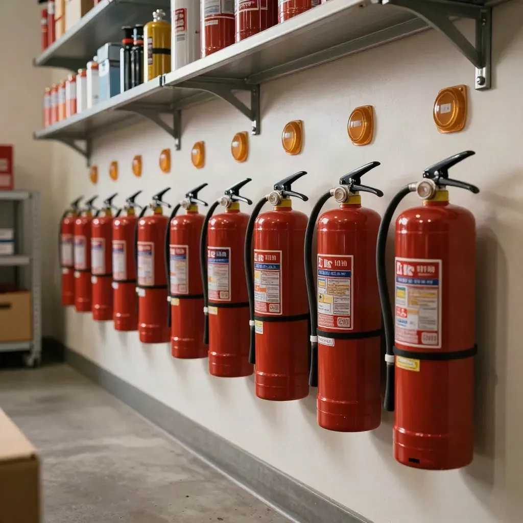 Rows of stocked fire extinguishers and service hardware on a stockroom wall with warm amber light.