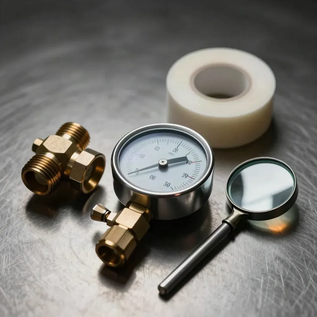 Pressure gauge, sprinkler head, PTFE tape and inspection mirror on brushed steel in dramatic light.