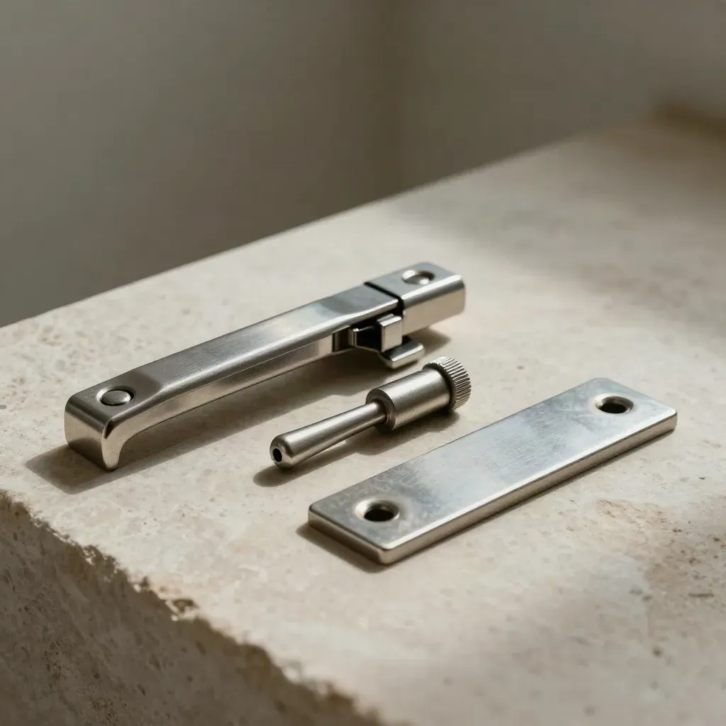 Fire-door hardware set on pale stone, lit from above, arranged like a compliance still life.