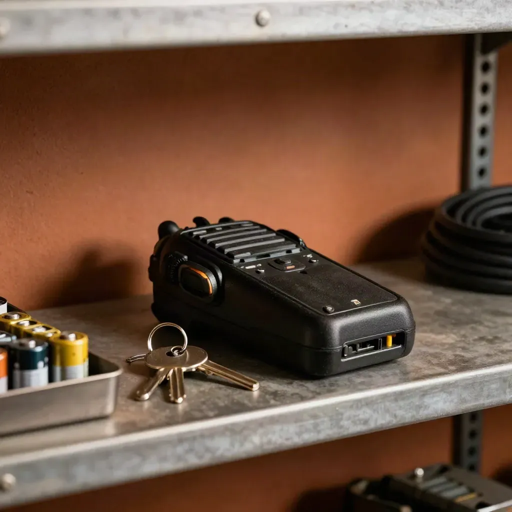 Handheld radio docked in cradle with batteries and key tags on a service shelf.