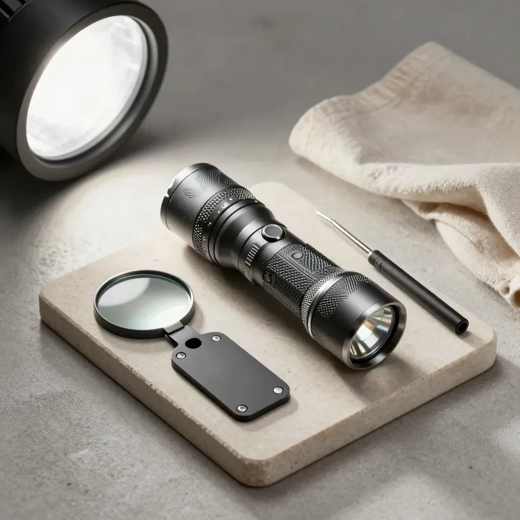 Flashlight, sweep mirror, mount pad, and service torch on a stone tray under soft side light.