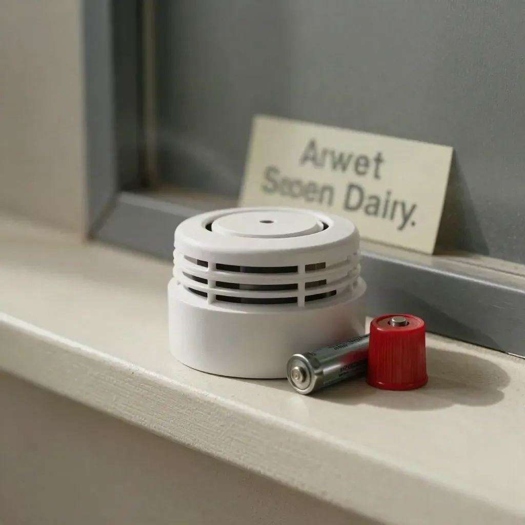 Smoke detector, battery and red test cap on a maintenance ledge with soft daylight.