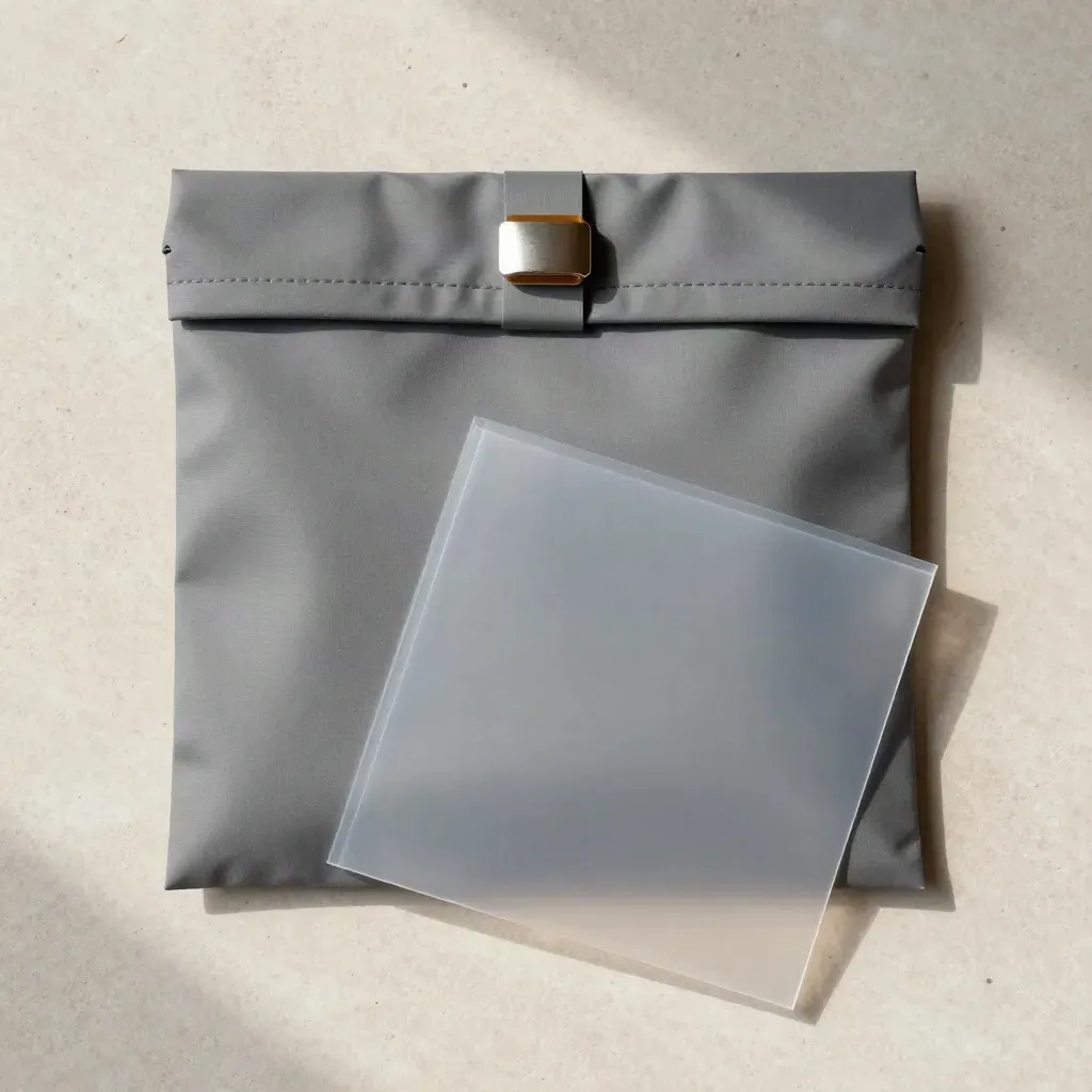 Overhead archive pouch, blank photo sleeves, and metal tab on pale stone.